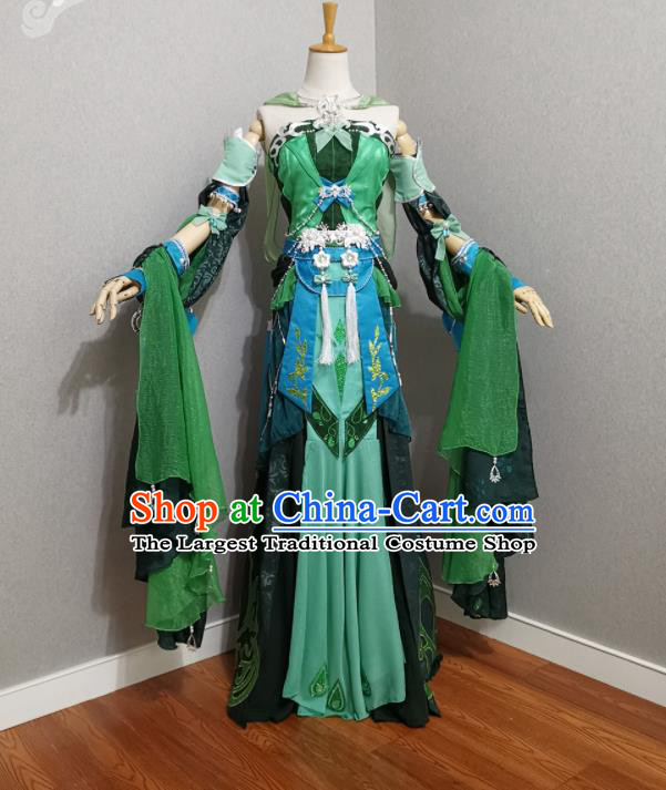 Professional Cosplay Swordswoman Garment Costumes Ancient Fairy Green Dress Outfits Traditional Game Role Clothing