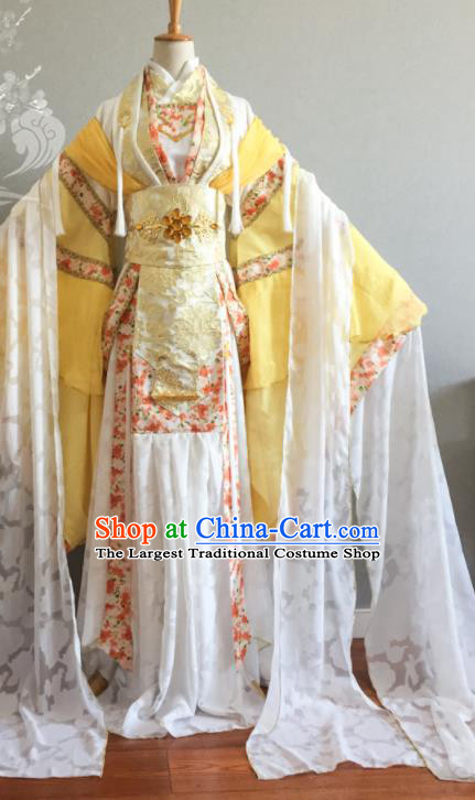 China Traditional Puppet Show Swordswoman Feng Cailing Clothing Cosplay Empress Garment Costumes Ancient Young Beauty Yellow Dress Outfits