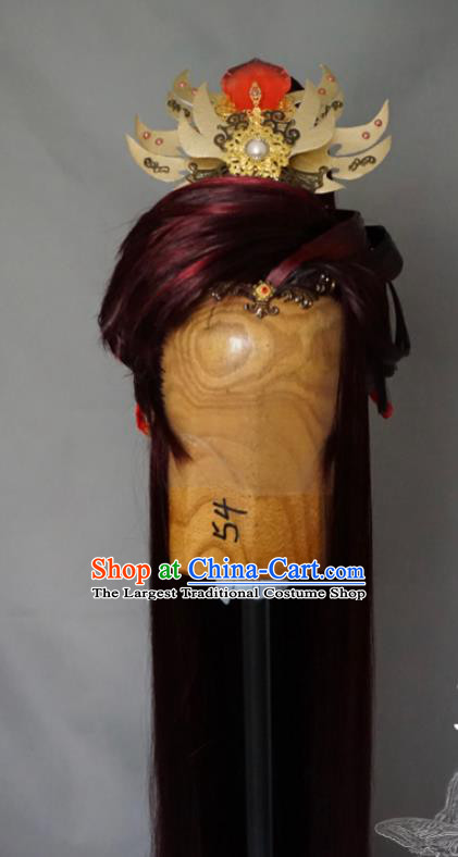 Chinese Cosplay Knight Red Front Lace Wigs and Hair Crown Traditional Puppet Show Swordsman Yi Guichen Hairpieces Handmade Ancient Prince Headdress