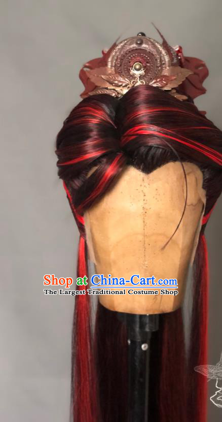 Chinese Handmade Ancient Royal King Headdress Cosplay Monarch Red Wigs and Hair Crown Traditional Puppet Show Swordsman Hairpieces