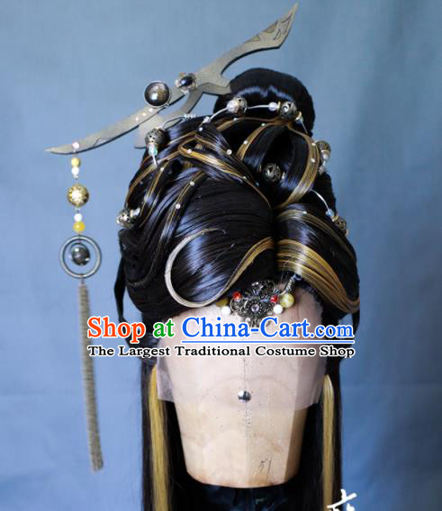 Chinese Cosplay Crown Prince Wigs and Hair Crown Traditional Puppet Show Young Childe Hairpieces Handmade Ancient Swordsman Headdress