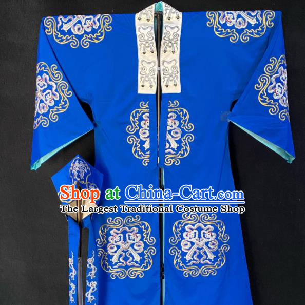 Chinese Shanxi Opera Elderly Male Garment Costume Peking Opera Laosheng Embroidered Blue Cape Traditional Opera Landlord Clothing