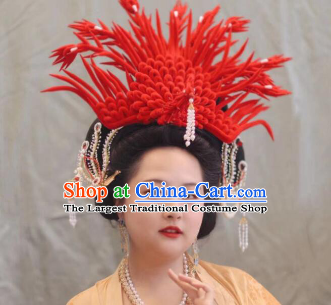 China Traditional Tang Dynasty Court Woman hair accessories Ancient Imperial Concubine Red Pheonix Crown Set