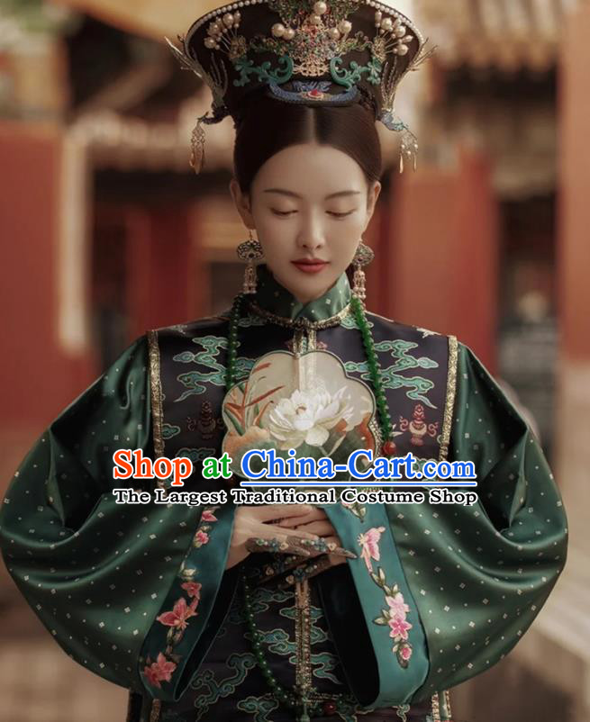 China Ancient Palace Empress Dark Green Dress Clothing Traditional Qing Dynasty Noble Women Garment Costumes and Headgear Complete Set