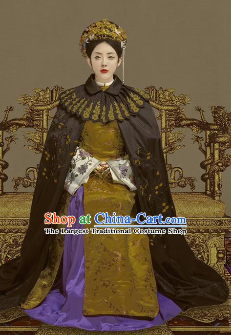 Chinese Traditional Palace Woman Clothing Qing Dynasty Empress Dress Ancient Queen Garment Costumes and Headgear Complete Set