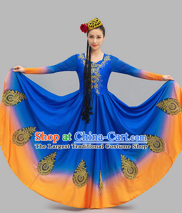 Chinese National Dance Costume Xin Jiang Dance Blue Dress Art Competition Uygur Ethnic Dance Clothing