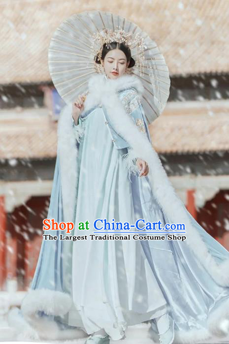 Chinese Ancient Princess Winter Clothing Traditional Hanfu Blue Cloak Ming Dynasty Young Lady Mantle Garment Costume