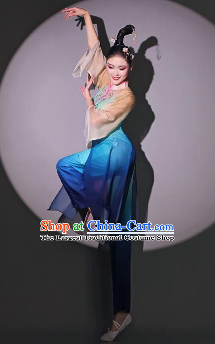 Chinese Fan Dance Blue Dress Dancing Competition Clothing Classical Dance Garment Fang Chun Xing Costumes