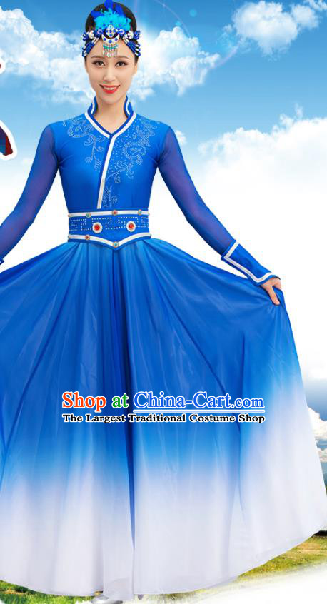 Chinese Mongolian Dance Blue Dress Ethnic Dance Suit Dunhuang Mongol Nationality Dance Garment Costume