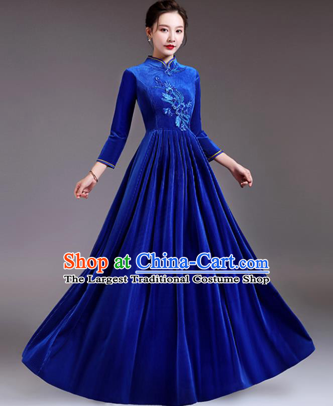 Professional Women Chorus Group Clothing Compere Royal Blue Velvet Dress Top Stage Performance Garment