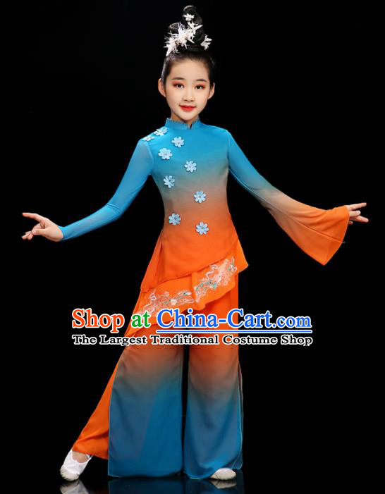 Chinese Folk Dance Garment Costumes Yangko Dance Blue and Orange Uniform Stage Performance Dancewear Children Fan Dance Clothing