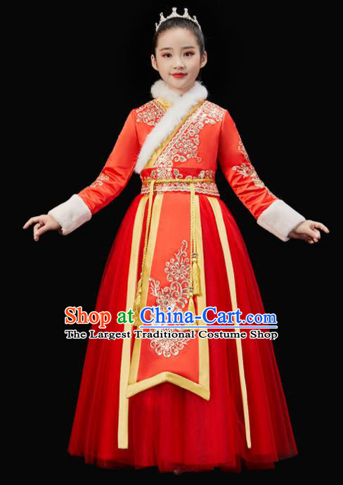 Chinese New Year Garment Costume Ancient Princess Clothes Traditional Stage Performance Clothing Children Fan Dance Red Dress