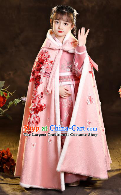 Chinese Winter Embroidered Woolen Mantle Ancient Princess Pink Long Cape Children New Year Clothing Classical Dance Costume