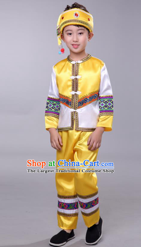 Chinese Yi Nationality Boy Yellow Outfits Ethnic Festival Costumes Tujia Minority Folk Dance Clothing