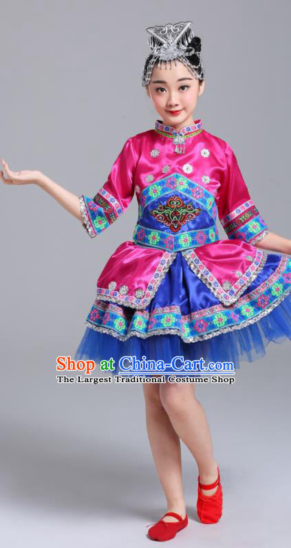 Chinese Yi Minority Folk Dance Clothing Guangxi Nationality Girl Megenta Dress Outfits Zhuang Ethnic Festival Costumes