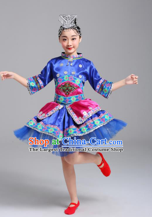 Chinese Zhuang Ethnic Festival Costumes Yi Minority Folk Dance Clothing Guangxi Nationality Girl Royal Blue Dress Outfits