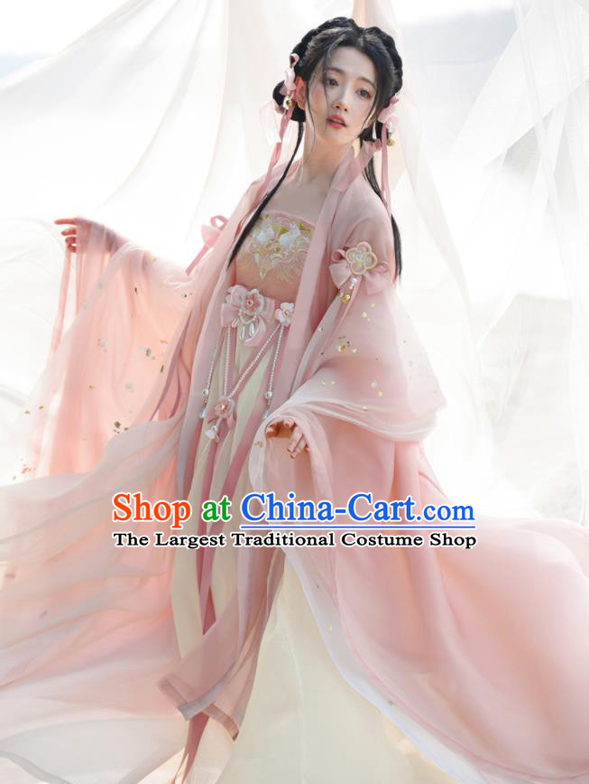 Chinese Traditional Hanfu Hezi Skirt Clothing Ancient Young Beauty Pink Dresses Tang Dynasty Princess Costumes