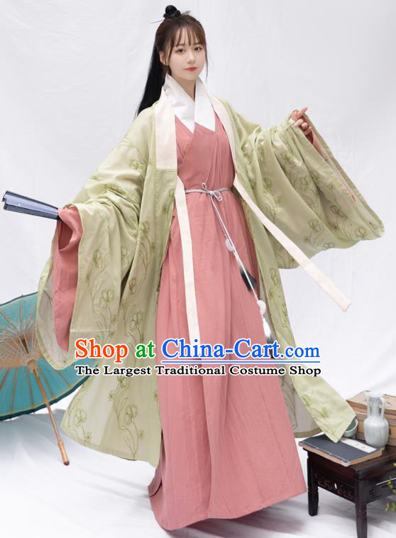 Chinese Ancient Taoist Nun Clothing Traditional Hanfu Green Cape and Pink Robe Ming Dynasty Garment Costumes for Women