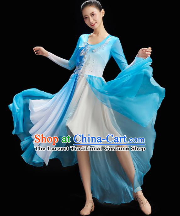 China Umbrella Dance Costume Stage Performance Garment Classical Dance Clothing Women Group Dance Blue Dress