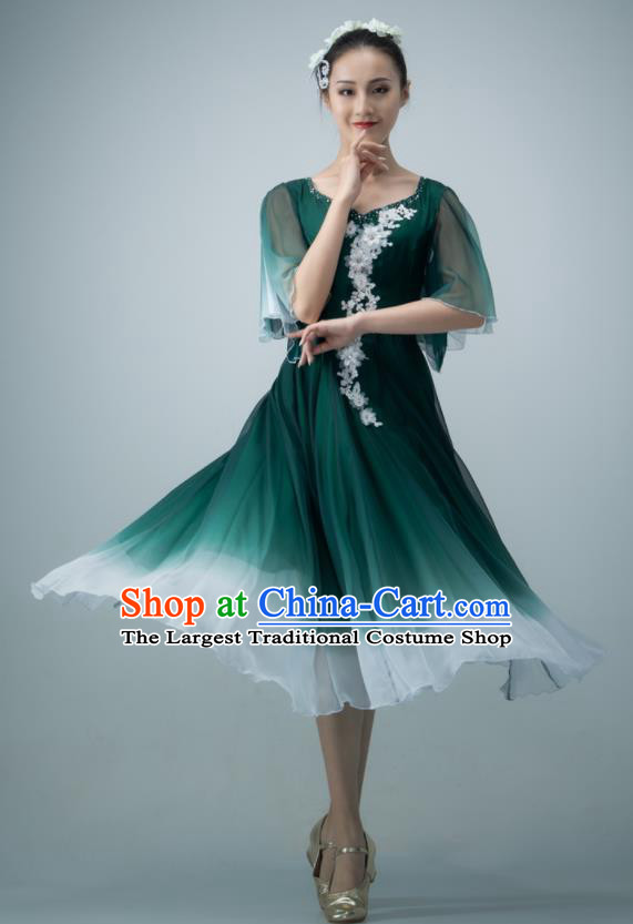 Chinese Modern Dance Dark Green Chiffon Dress Opening Dance Clothing Women Group Dance Garment Chorus Performance Costume