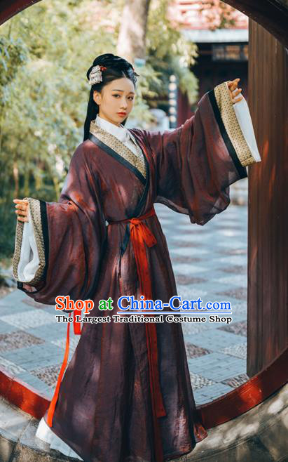 Chinese Traditional Hanfu Yarn Garment Straight Front Robe Clothing Ancient Palace Lady Dress Garments Han Dynasty Princess Historical Costumes