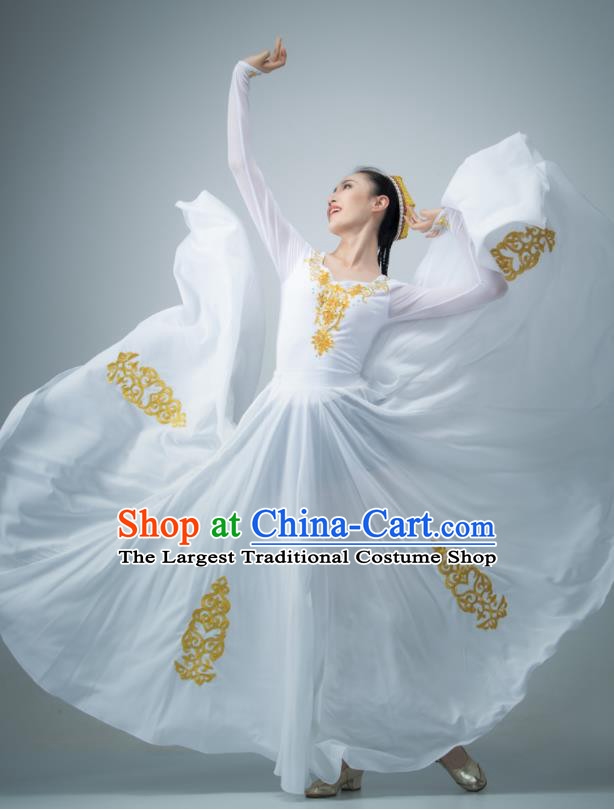 Chinese Uyghur Nationality Women Stage Performance Costume Xinjiang Dance White Dress Ethnic Dance Clothing