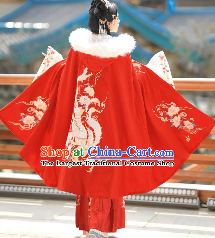 China Ancient Princess Garment Costume Traditional Hanfu Red Woolen Mantle Ming Dynasty Noble Lady Embroidered Cloak Clothing