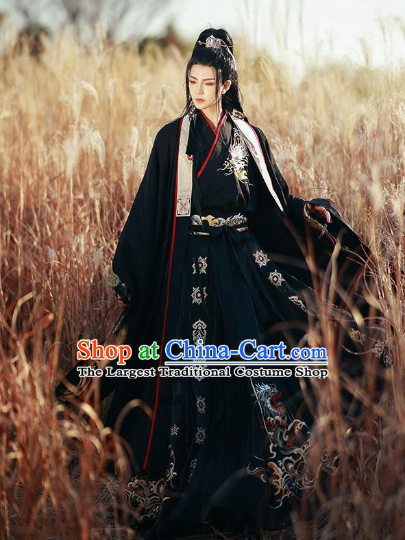 Chinese Traditional Embroidered Hanfu Robe Jin Dynasty Young Childe Garment Costumes Ancient Swordsman Black Clothing