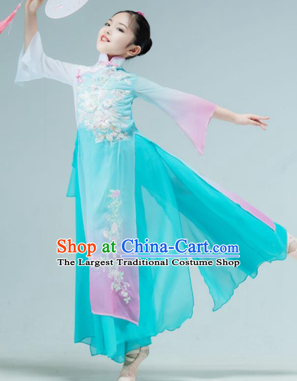 Chinese Children Fan Dance Clothing Stage Performance Costume Umbrella Dance Green Dress Outfit Classical Dance Garment