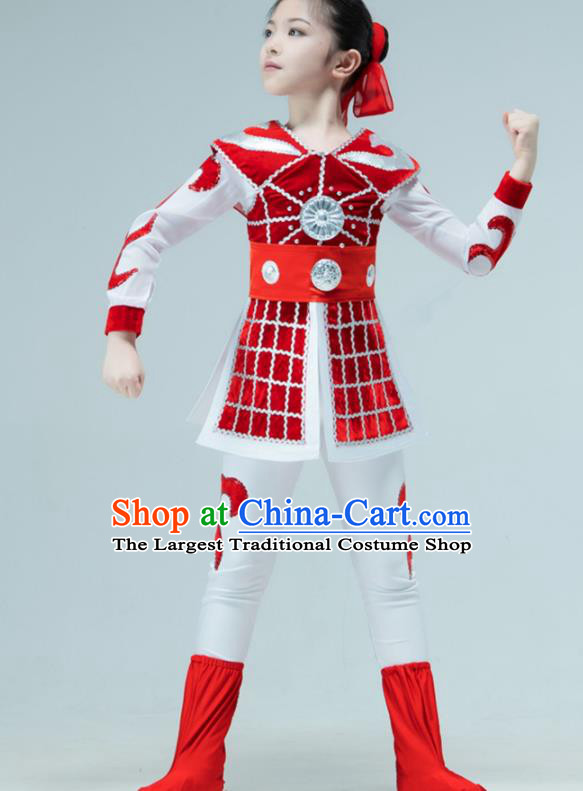 Chinese Stage Performance Costume Hua Mulan Dance Red Outfit Classical Dance Garment Children Warrior Dance Clothing