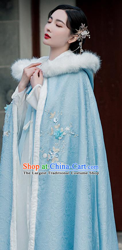 Chinese Ancient Princess Embroidered Mantle Traditional Hanfu Blue Cape Ming Dynasty Young Lady Clothing