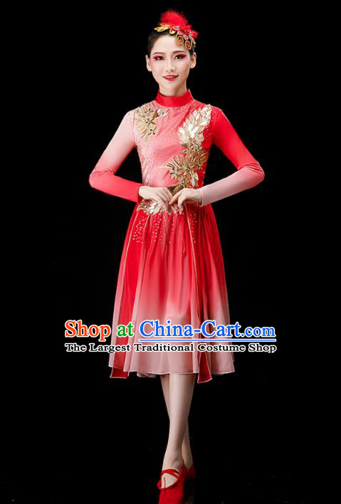 Chinese Modern Dance Clothing Chorus Group Red Dress Women Opening Dance Costume