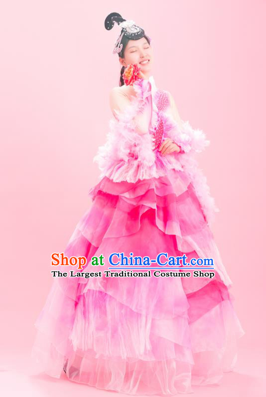 Chinese Spring Festival Gala Stage Performance Garment Costume Modern Dance Pink Dress Flower Dance Clothing