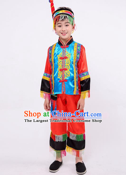 Chinese Stage Performance Clothing Tujia Nationality Boy Red Outfit Ethnic Dance Garment Costume