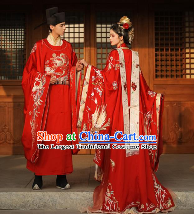 Chinese Traditional Wedding Garment Costumes Song Dynasty Bride and Groom Embroidered Clothing Complete Set