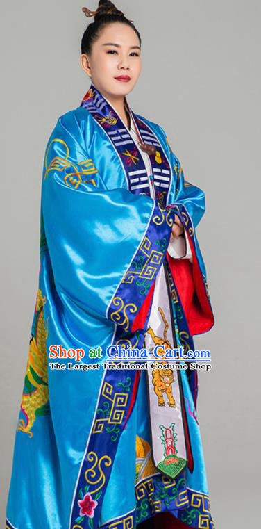 Chinese Traditional Taoism Blue Silk Garment  Handmade Taoist Ecclesiastical Costume Top Embroidered Dragon Priest Frock