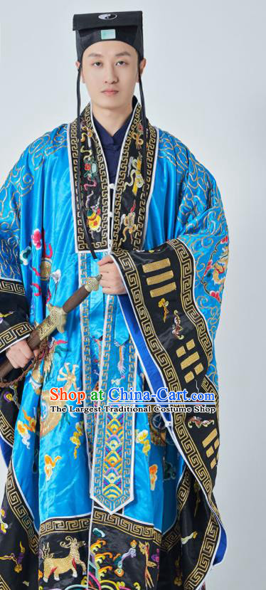 Chinese Handmade Taoist Master Robe Embroidered Dragons Blue Silk Robe Traditional Priest Frock Taoism San Qing Garment