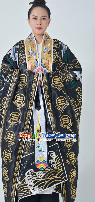 Chinese Taoism San Qing Garment Handmade Taoist Master Costume Embroidered Crane Black Silk Robe Ritual Priest Frock