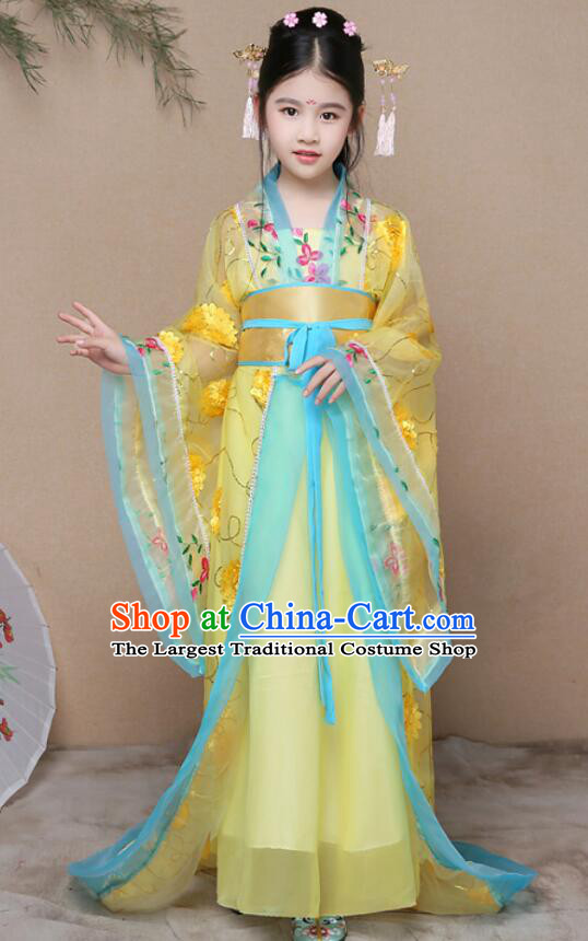 Chinese Ancient Fairy Princess Yellow Dress Clothing Tang Dynasty Imperial Consort Garment Costume for Children