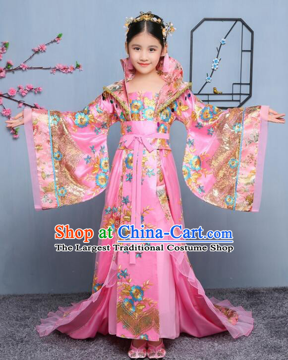 Chinese Fairy Pink Dress Tang Dynasty Empress Garment Costume Ancient Princess Children Clothing