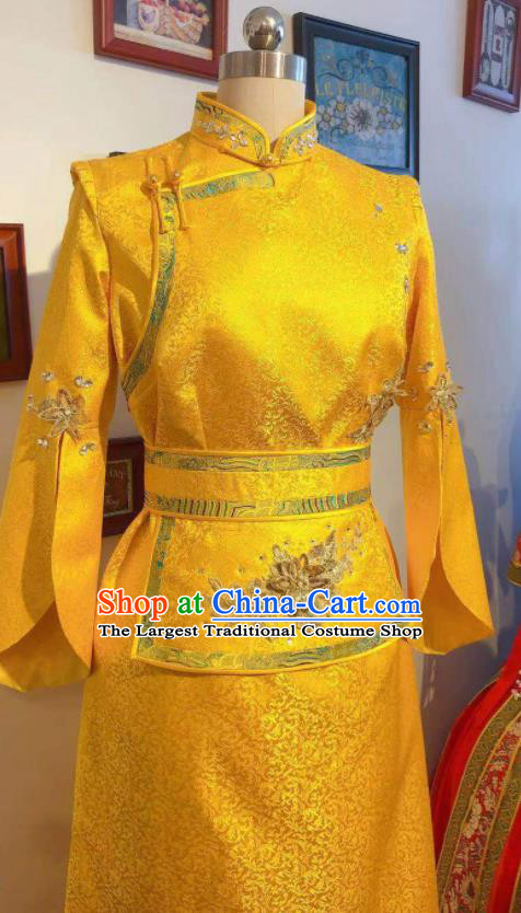 Chinese Traditional Ethnic Clothing Mongol Nationality Festival Gold Dress Mongolian Folk Dance Costume