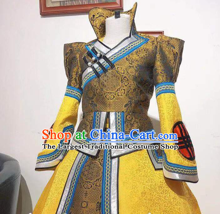 Chinese Ethnic Women Clothing Mongol Nationality Wedding Dress Mongolian Folk Dance Costume Traditional Festival Yellow Robe