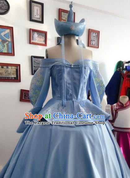 Chinese Mongolian Festival Garment Traditional Ethnic Wedding Costume Mongol Nationality Bride Blue Dress