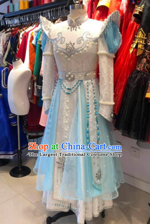 Chinese Mongolian Folk Dance Clothing Ethnic Festival Girl Dress Mongol Nationality Garment Costume and Hat