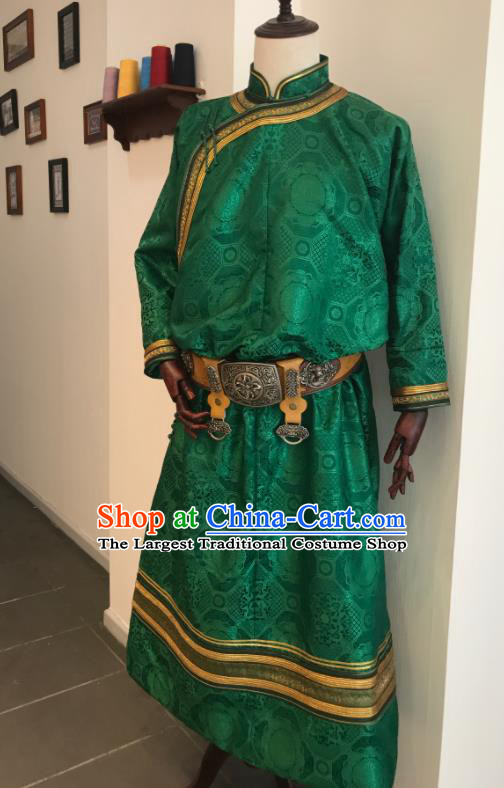 Chinese Mongol Nationality Wedding Garment Mongolian Festival Performance Clothing Ethnic Groom Green Robe Costume