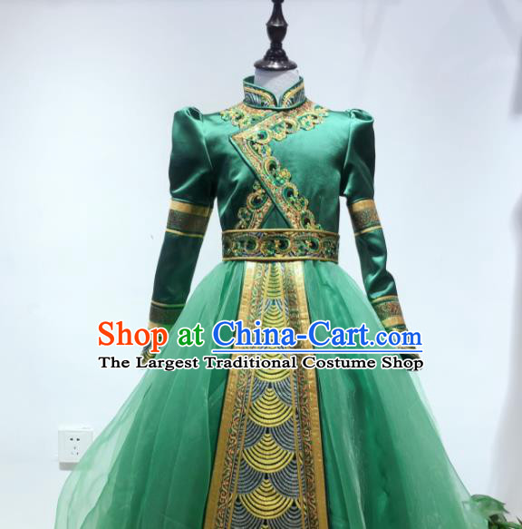 Chinese Mongol Nationality Folk Dance Costume Mongolian Girl Performance Green Dress Ethnic Children Clothing