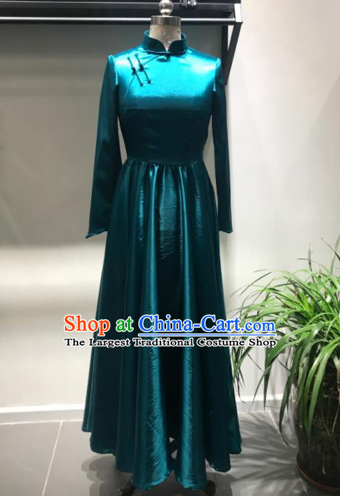 Chinese Mongolian Folk Dance Peacock Blue Dress Ethnic Stage Performance Clothing Mongol Nationality Folk Dance Garment Costume