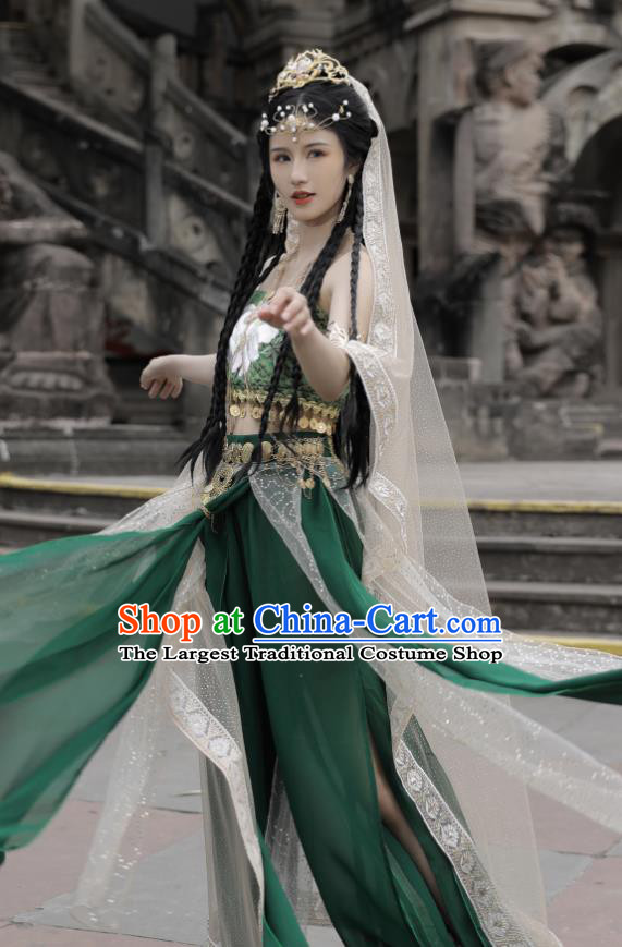 Chinese Tang Dynasty Northern Tribe Beauty Garment Costumes Traditional Dance Green Outfit Ancient Ethnic Princess Clothing