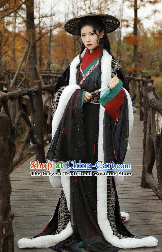 Chinese Traditional Hanfu Straight Front Robe Black Dresses Ancient Noble Lady Clothing Han Dynasty Court Woman Garment Costumes