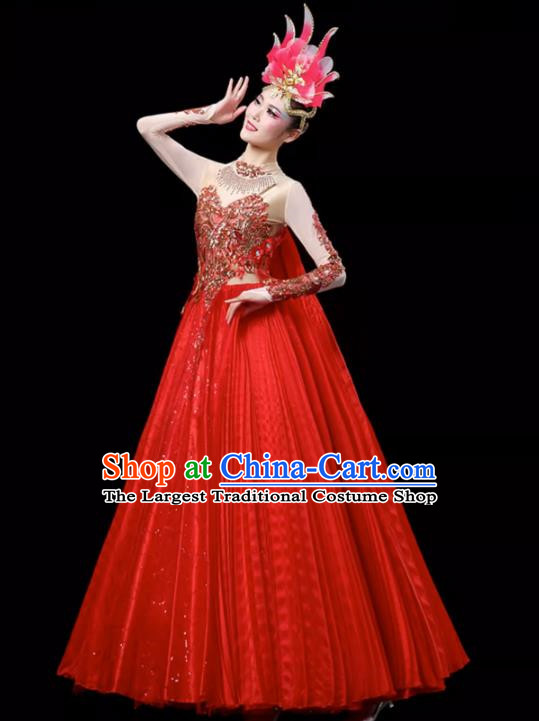 Red Opening Dance Large Swing Skirt Dance Costume Large Party Stage Costume Performance Costume Long Skirt Tutu Skirt Wings